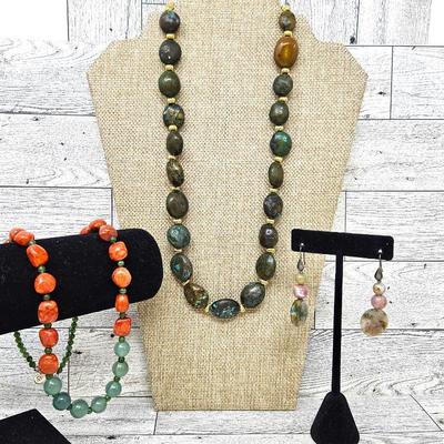 Beautiful Chunky Beaded Necklace with Natural Tumbled Turquoise Plus Coral / Jadeite Necklace and Stone Earrings