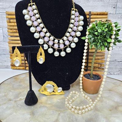 Brushed Gold & Pearl Brooch and Earring Set Plus 1977 Faux Peal Necklace and Pink & Pearl Statement Necklace