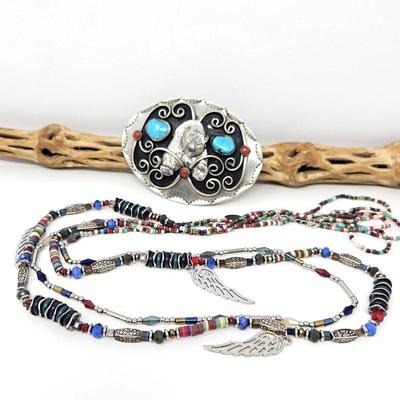 Southwestern Style Belt Buckle and Beaded 26" Necklace (w/Sterling) - Silver, Turquoise and Coral Colors
