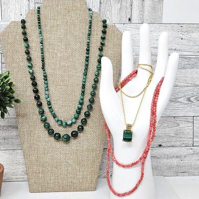  Malachite Beaded Necklaces Plus Malachite Pendant on Necklace and Red Beaded 32
