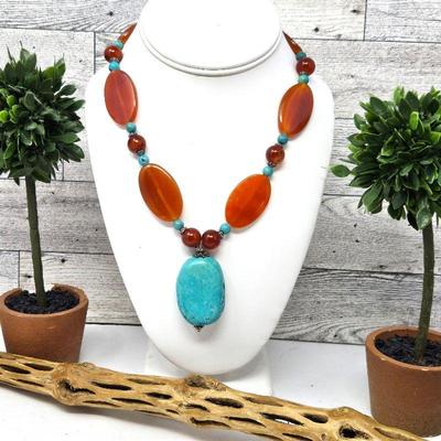  Beautiful Statement Necklace with Real Turquoise and Cornelian Beads and Pendant 16