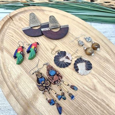 Lot of Jewelry (Earrings) with a Carved Wood Theme Plus Pretty Shell Earrings - Both Silver and Brass Tones