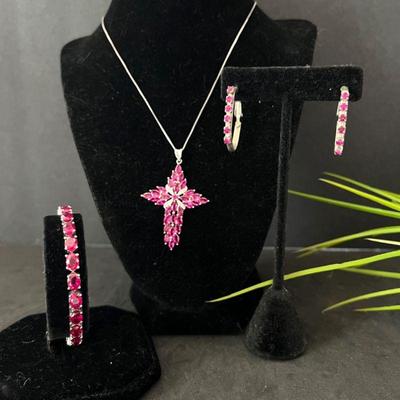 Brilliant Magenta Rhodolite Tennis Bracelet and Cross in Sterling Silver- Plus Pink Earrings