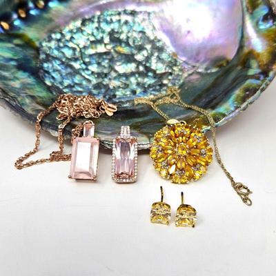 Set of Rose Gold Pendants with Rose Quartz Baguette Stones Plus Round Citrine Pendant and Stud Earrings