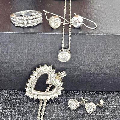Set of Dressy Silver Costume Fashion Jewelry with Emphasis on Diamonds - Ring, Necklaces and Earrings