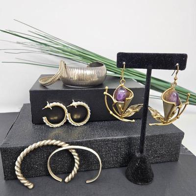 Lot of Fashion Jewelry in Mixed Metals - Silver, Gold, and Brass Assortment Bracelets & Earrings w/ Amethysts