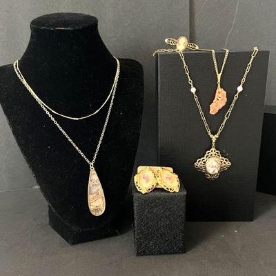 Vintage-Look Gold Tone Fashion Jewelry w/ Roses and Mother of Pearl - Three necklaces, Earrings, & Cameo Brooch