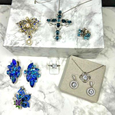 Lot of Sterling Necklaces and w/ Sparkly Pendants in Blue, plus Earrings, Brooch & Ring