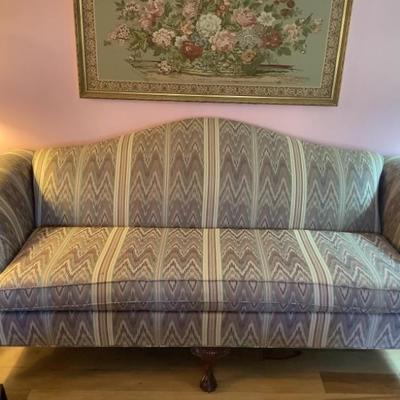 $124 fabric couch wooden ball & claw feet 36