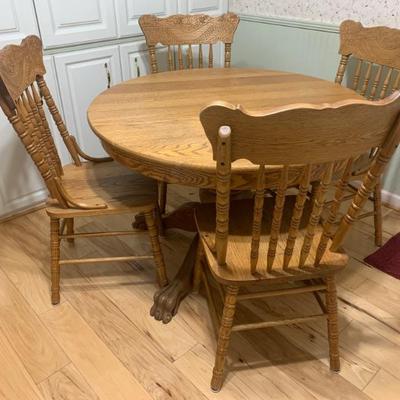 $115 wooden table & 4 chairs with ball & claw feet 42"diameter 28"H-table 
37"H 17"W 15"seat depth-chairs