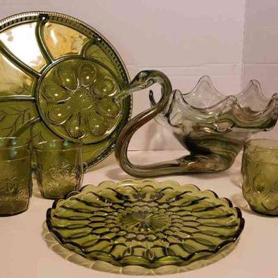 Olive Green Glass Serving pieces and More