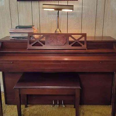 Bradbury Piano, Lamp, Sheet Music, & Bench