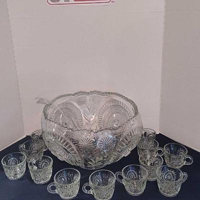 Pinwheel & Star Cut Glass Punch Bowl with twelve cups