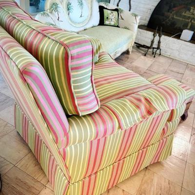 Armchair & ottoman custom upholstered in pink and green