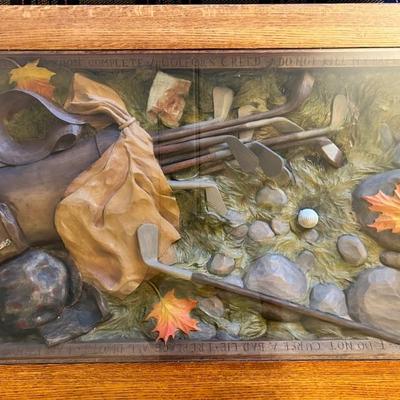 Vintage 1990s golf coffee table with relief carving and golf-related inscription
