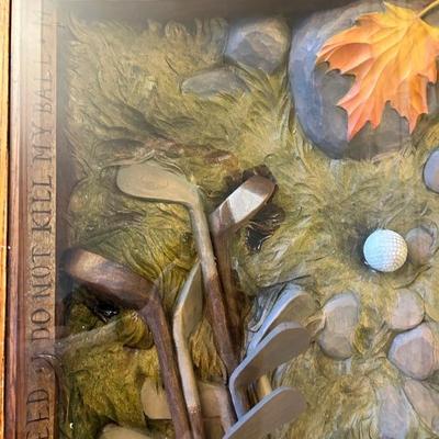 Vintage 1990s golf coffee table with relief carving and golf-related inscription