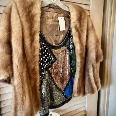Fur stole and sequined cami