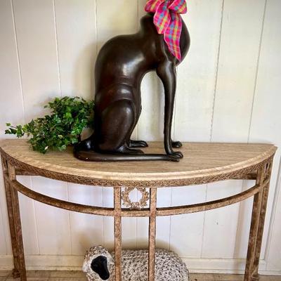 Demi-lune table with bronze sphynx cat and sheep sculptures