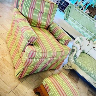 Armchair & ottoman custom upholstered in pink and green