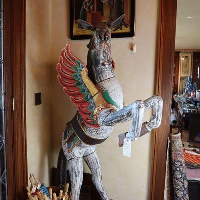 Vintage wooden Pegasus, framed art, rugs