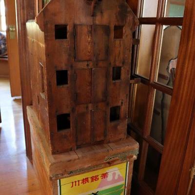Antique homemade doll house, vintage Japanese crate