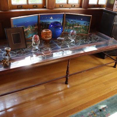 Antique wrought iron glass topped table, vintage studio glass, decor