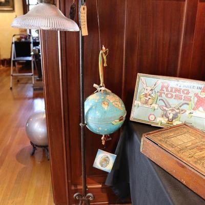Antique games, vintage lamp, globe