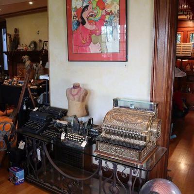Vintage poster, antique National Cash Register, vintage and antique typewriters