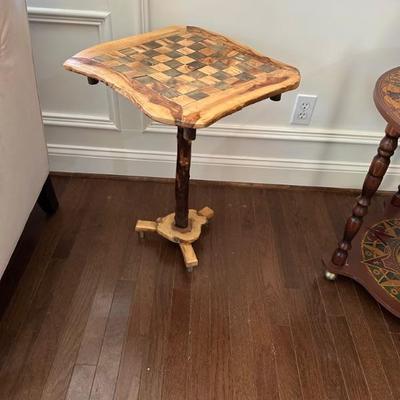 HANDMADE WOODEN CHESS BOARD. THE CHESS BOARD IS REMOVABLE FROM STAND.
