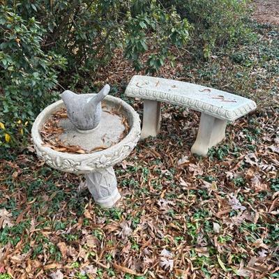 Concrete birdbath and bench