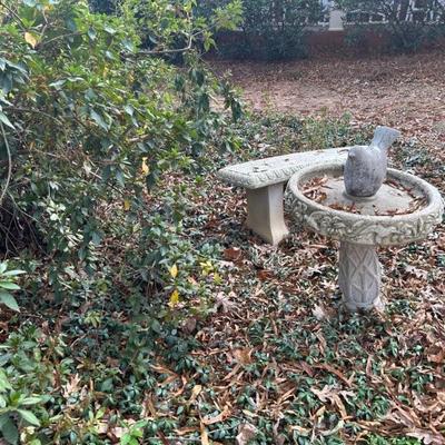 Concrete birdbath and bench