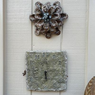 Outdoor stone garden clock and stone hangable flower