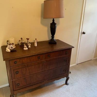Antique Dresser w/Lamp and Willow Tree Firgures