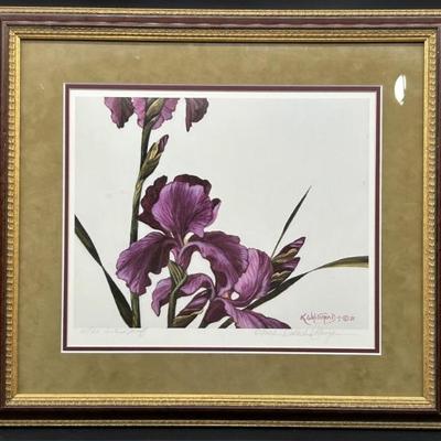 Artist Signed Purple Botanical Print in Gold Frame