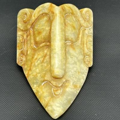 Carved Yellow Jade Hong Shan Mask, 3.5in
