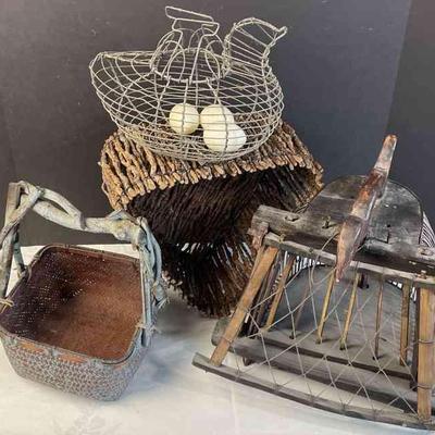 Vintage Basket Birdcage * Metal Hen with 