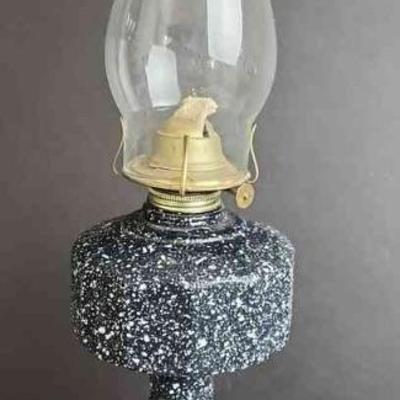 Antique Blue Speckled Glass Kerosene Lamp
