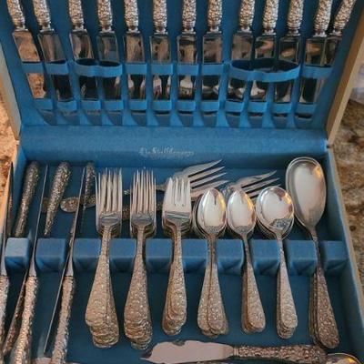 Kirk Stiff Repousse Sterling silver service for 18. A very large and beautiful set with server extras. 
