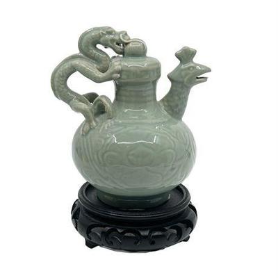 Lot 045   4 Bid(s)
Vintage Chinese Green Celadon Dragon and Phoenix Tea Pot with Wood Base
