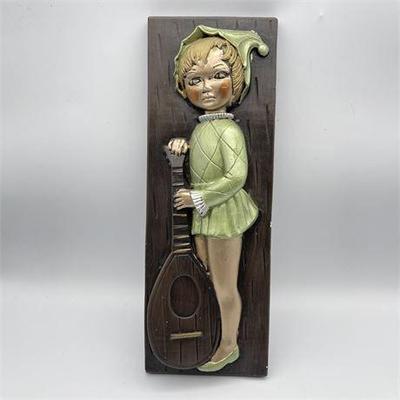 Lot 022  
Vintage Pixie with Lute Plaster Decorative Wall Sculpture