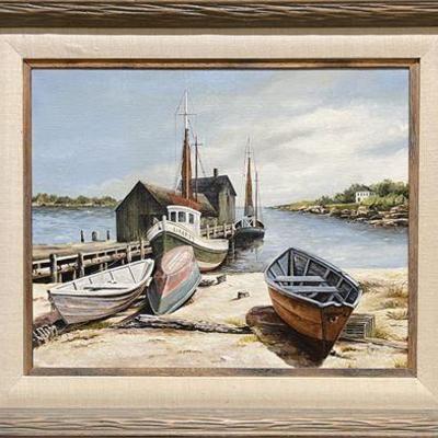 Lot 085   
J Higgins Acrylic on Canvas, 1973 Dry Docked Boat Liberty