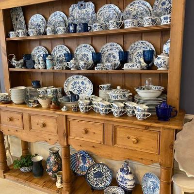 Antique Pine Buffet, Large Assortment of Blue Onion Dishes 