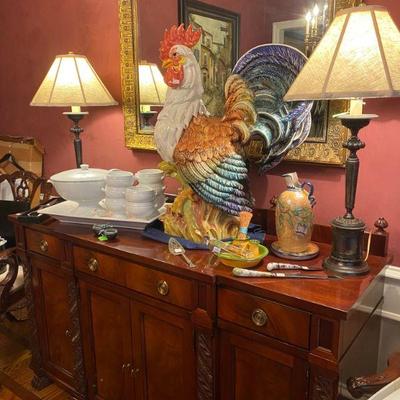 Large Porcelain Rooster, made in Italy, Cherry Buffet, Ironstone from Pottery Barn, Crate & Barrel, Soul La Table 