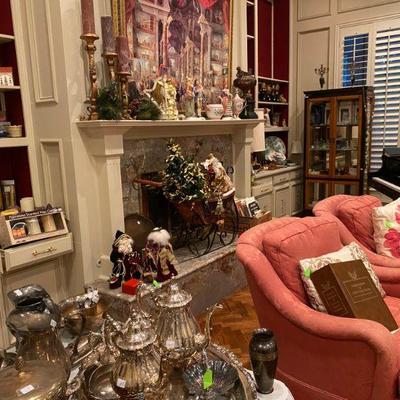 Matching Pair of Rose side Chairs, Santa's, Silverplate serving pieces, Asian style curio cabinets,  