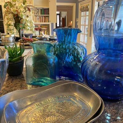 Pewter Serving Pieces, Blue Water Pitchers 