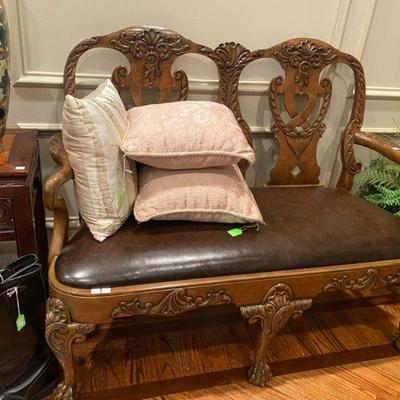 Hand Carved Settee with Leather 