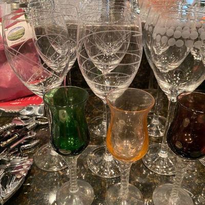 Crystal wine glasses, blown glass colored cordials stemware 