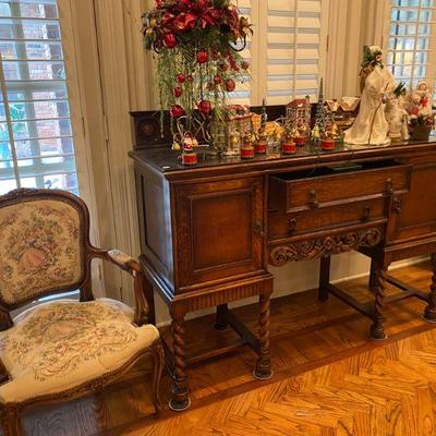 Antique English Oak sideboard with Barley Twist legs, pair of matching needle point antique Chairs 