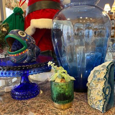 Cobalt Cake Plate, Blue Vases, Festive Frog 