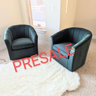 Two Tufted Teal Performance Velvet Swivel Accent Chairs